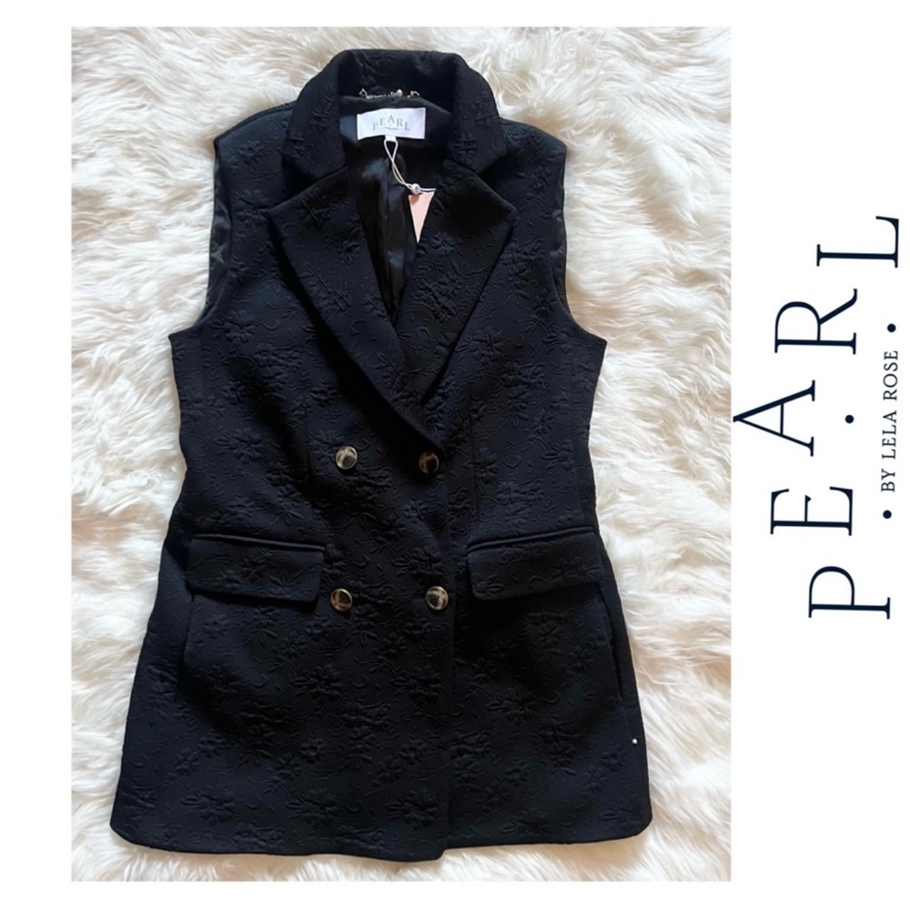 New! PEARL by LELA ROSE Double Breasted Long Jacquard Crepe Vest Blazer in Black